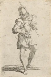 Un guerriero, con un bastone sulla spalla che scende da un basso gradino, c.1656-57